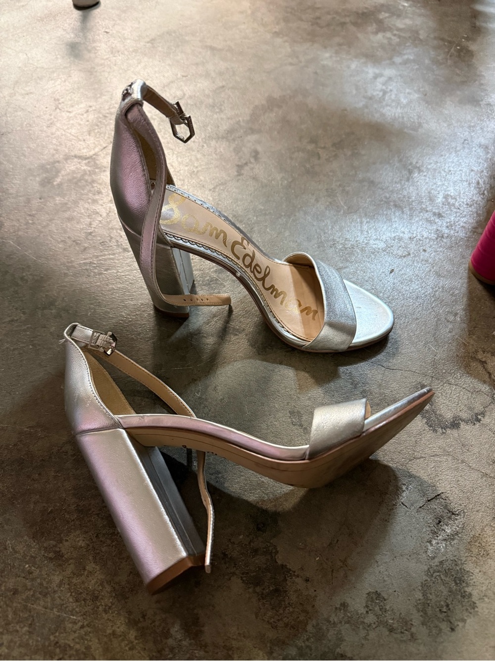 Sam Edelman Metallic Silver Block Heel Ankle-Strap Sandals